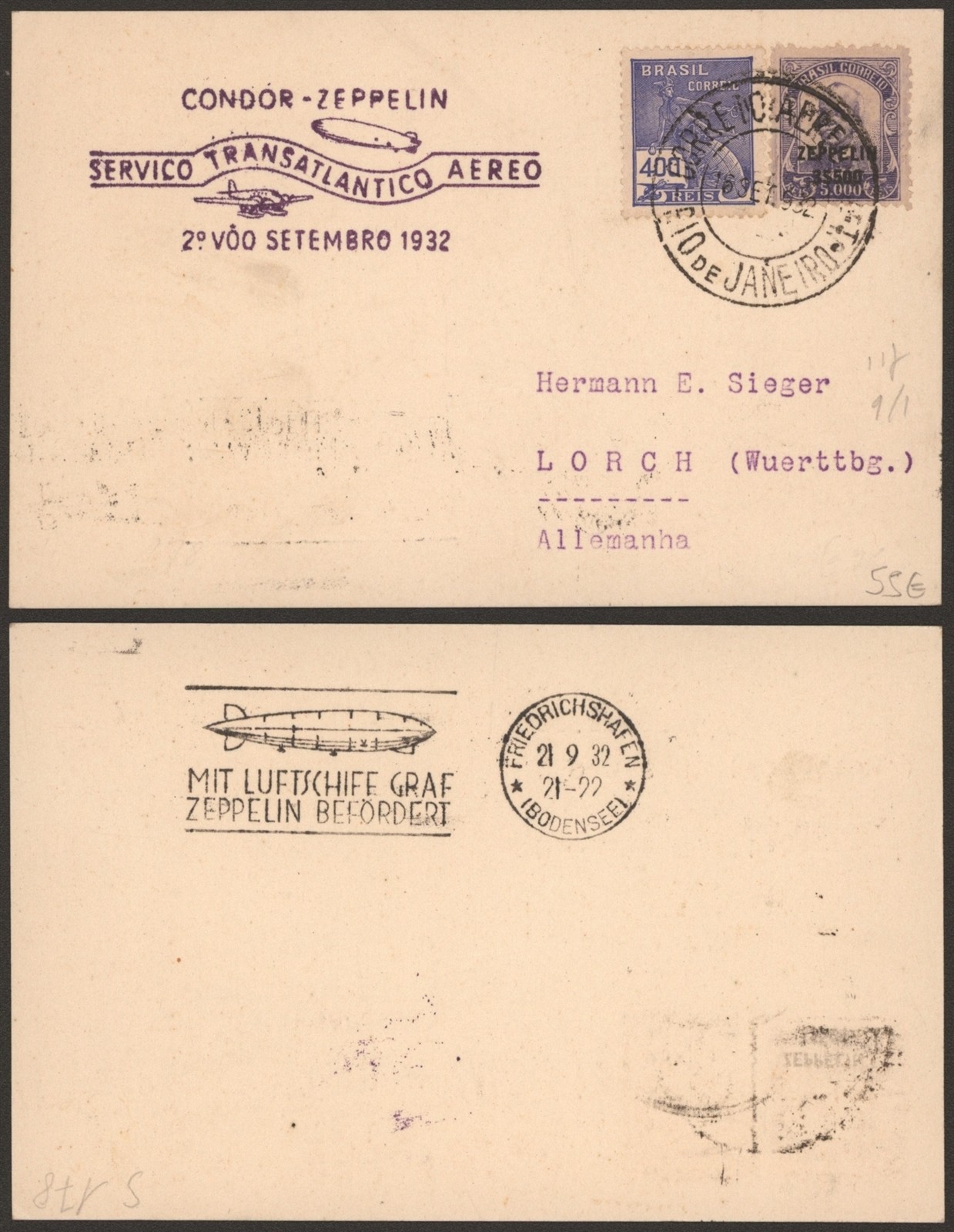 Brazil 1932 - Zeppelin Flight Air Mail Postcard to Germany H967