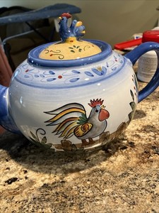 Blue Rooster Teapot with Spout Strainer - Whimsical Fun Rooster Decor