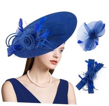 Wide Brim Fascinator Derby Hats for Women,20s Detachable Flower Hat Royal Blue