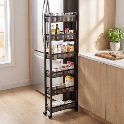 6 Tier Slim Rolling Storage Cart, Narrow Kitchen Storage Cart, Spice Rack Org...