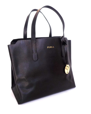 small FURLA Sally black saffiano Leather Tote bag purse gold charm