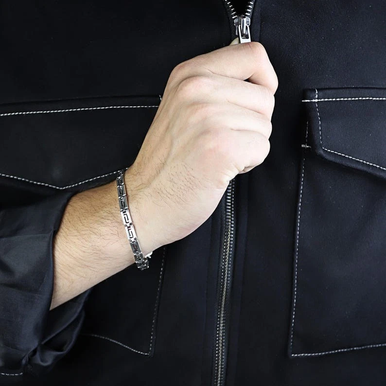 Silver Greek Key Chain Bracelet, Ancient Greek Chain Link Bracelet - Image 2 of 4