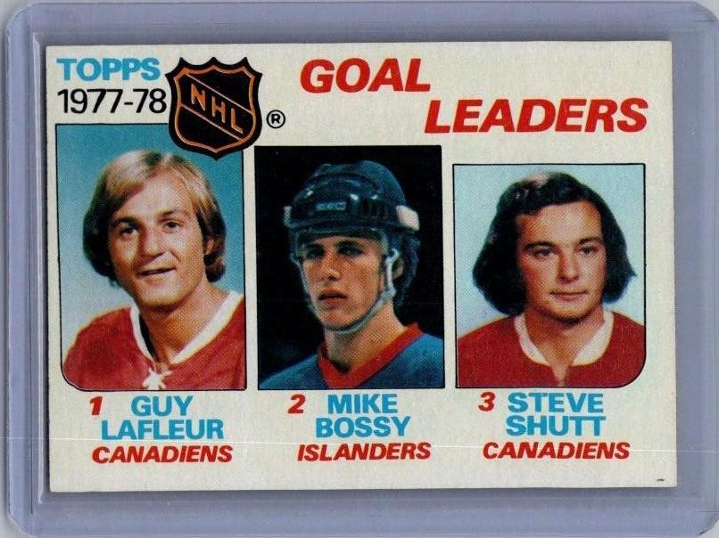1978-79 Topps #63 1977-78 Goal Leaders (Guy Lafleur / Mike Bossy / Steve Shutt)