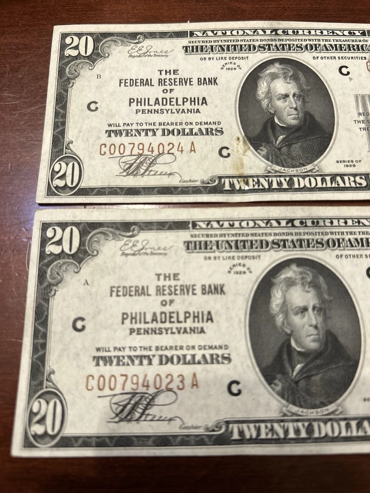 Two CONSECUTIVE 1929 Federal $20 Banknote Currency. Philadelphia - Image 4 of 4