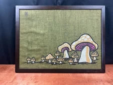 Vintage 1970s Mushroom Burlap Cork Bulletin Board 18x24