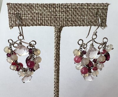 Artisan Chandelier Earrings SS Rose Quartz Garnet Rhodochrosite 1.75  Pink