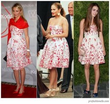 $6990 NEW Oscar de la Renta Embellish Fit Flare Strapless Dress White Red SILK 6