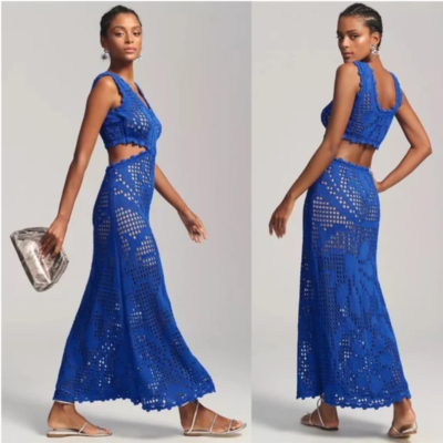 Cecilia Prado Cut Out Dress Womens XL Blue Crochet Sleeveless Cotton Blend  Maxi | eBay
