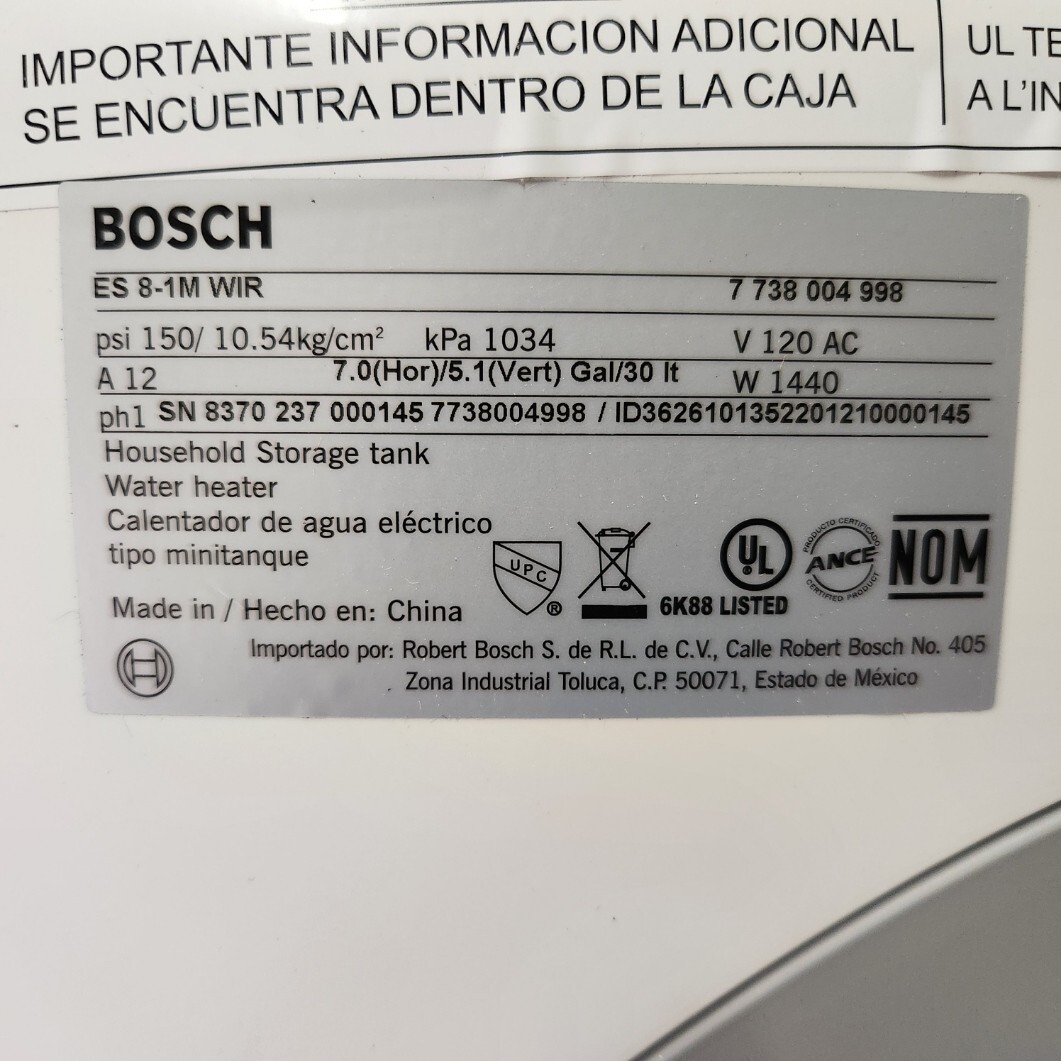 Bosch ES8 3000T 7Gal. Electric Point of Use Water Heater - White for sale  online | eBay