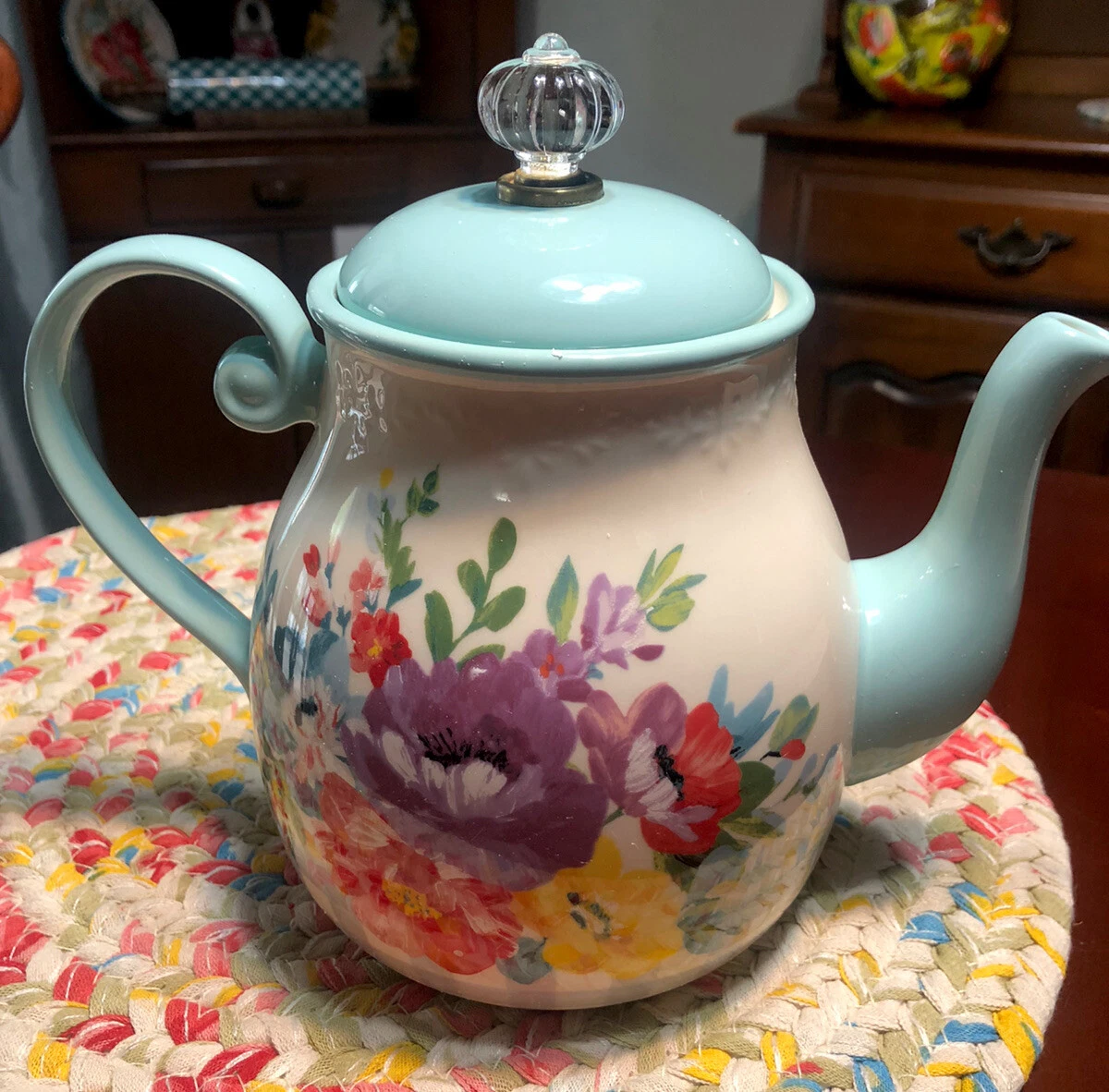 New Pioneer Woman Sweet Romance Gingham Tea Coffee Pot