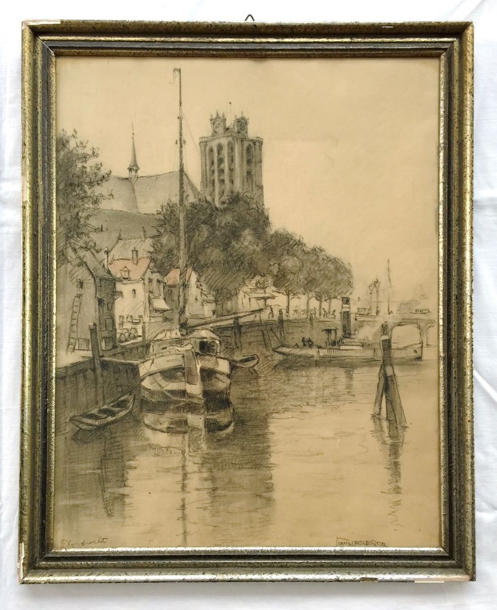 Large LOUIS LECLERCQ Charcoal Landscape Drawing Dordrecht