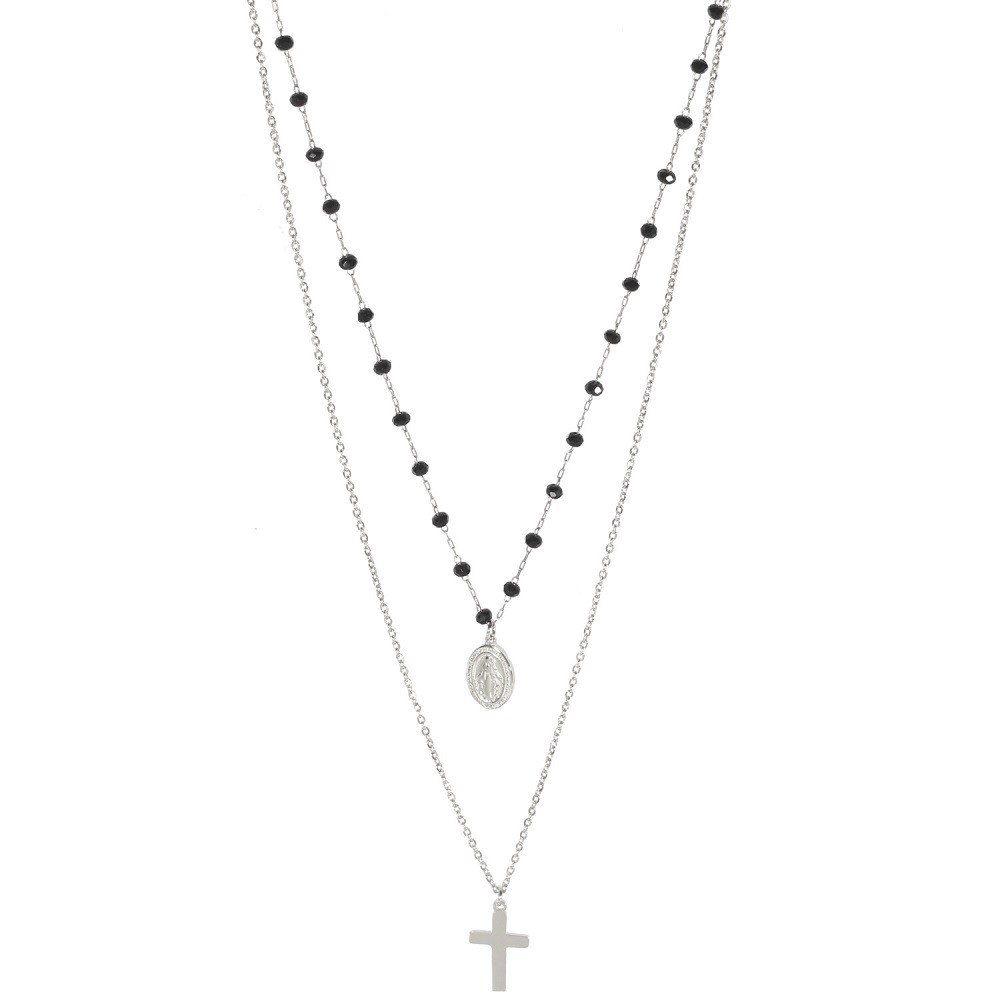 Collier double rangs avec croix en acier inoxydable argenté et perles