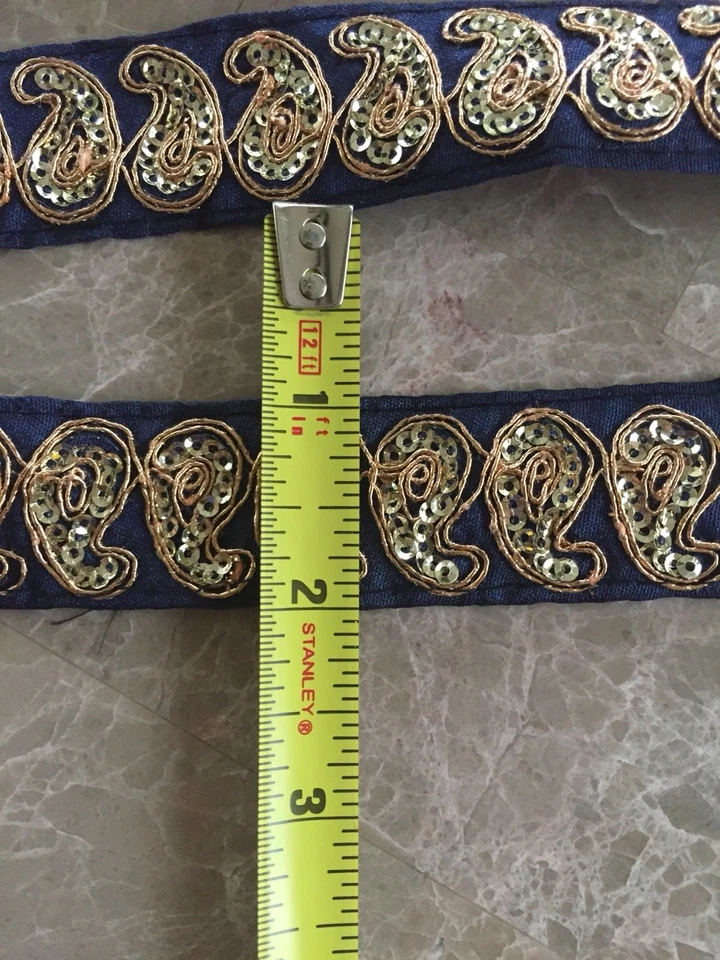 Nuevo Bordado de Lentejuelas Doradas Bordado Borde Gris Oscuro 9 + Yarda Cinta de Encaje Foto 3 de 4