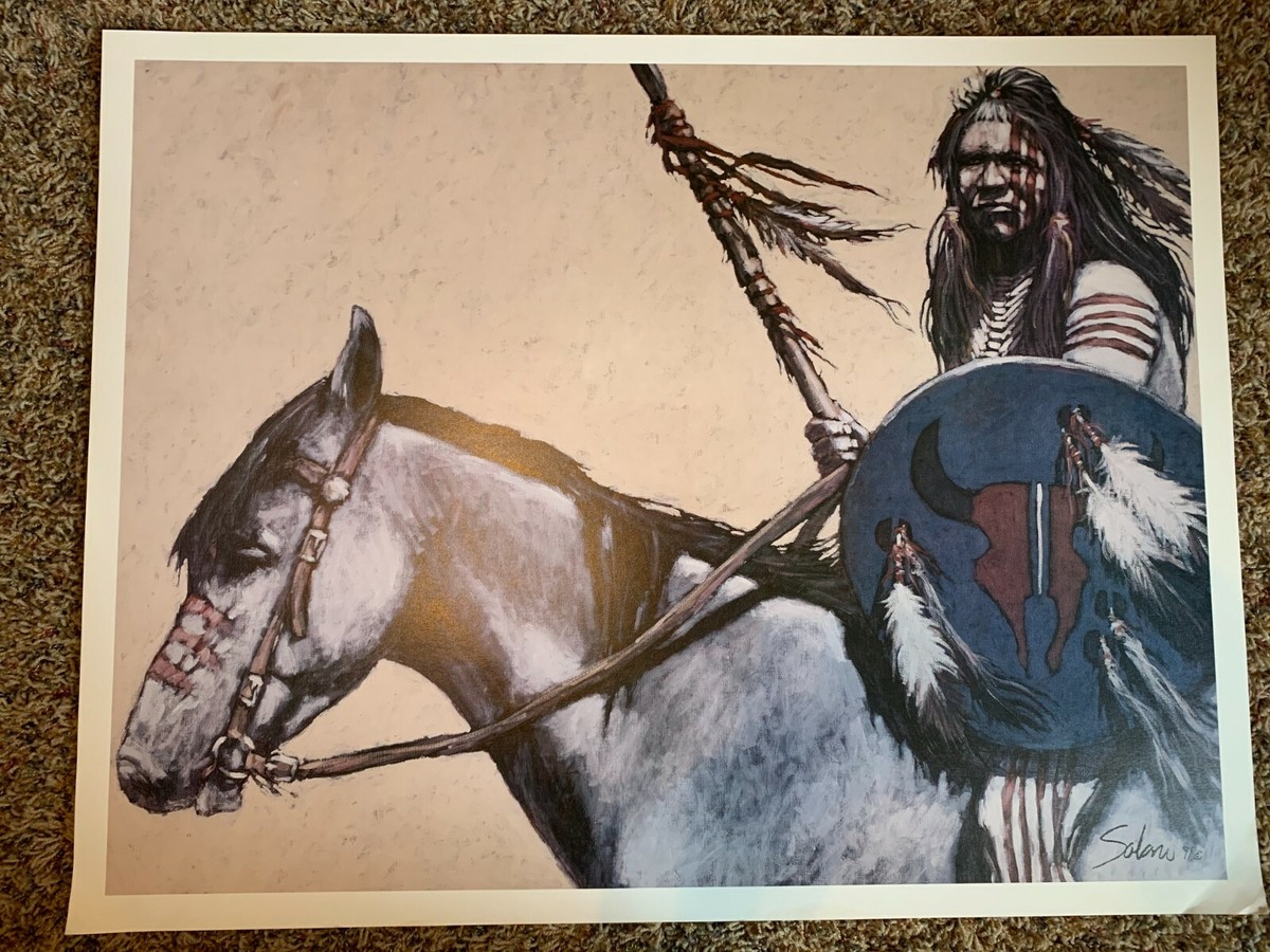 NATHAN SOLANO PRINT INDIAN ART PRINT WAR PAINT HOURSE SHIELD FEATHERS
