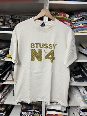 VTG Stussy N ° 4 Monogram Jacquard White T Shirt Large USA Single