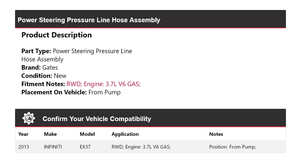 For 2013 INFINITI EX37 Power Steering Pressure Line Hose Assembly Gates - Image 2 of 3