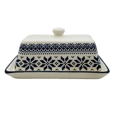 Retro Butter Dish Cheese Keeper Snowflake Blue White Fair Isle Pattern Ceramic