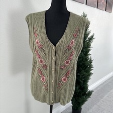 Koret Vintage Sweater Vest Women  s Size Large Green Flower Floral Acrylic Nylon
