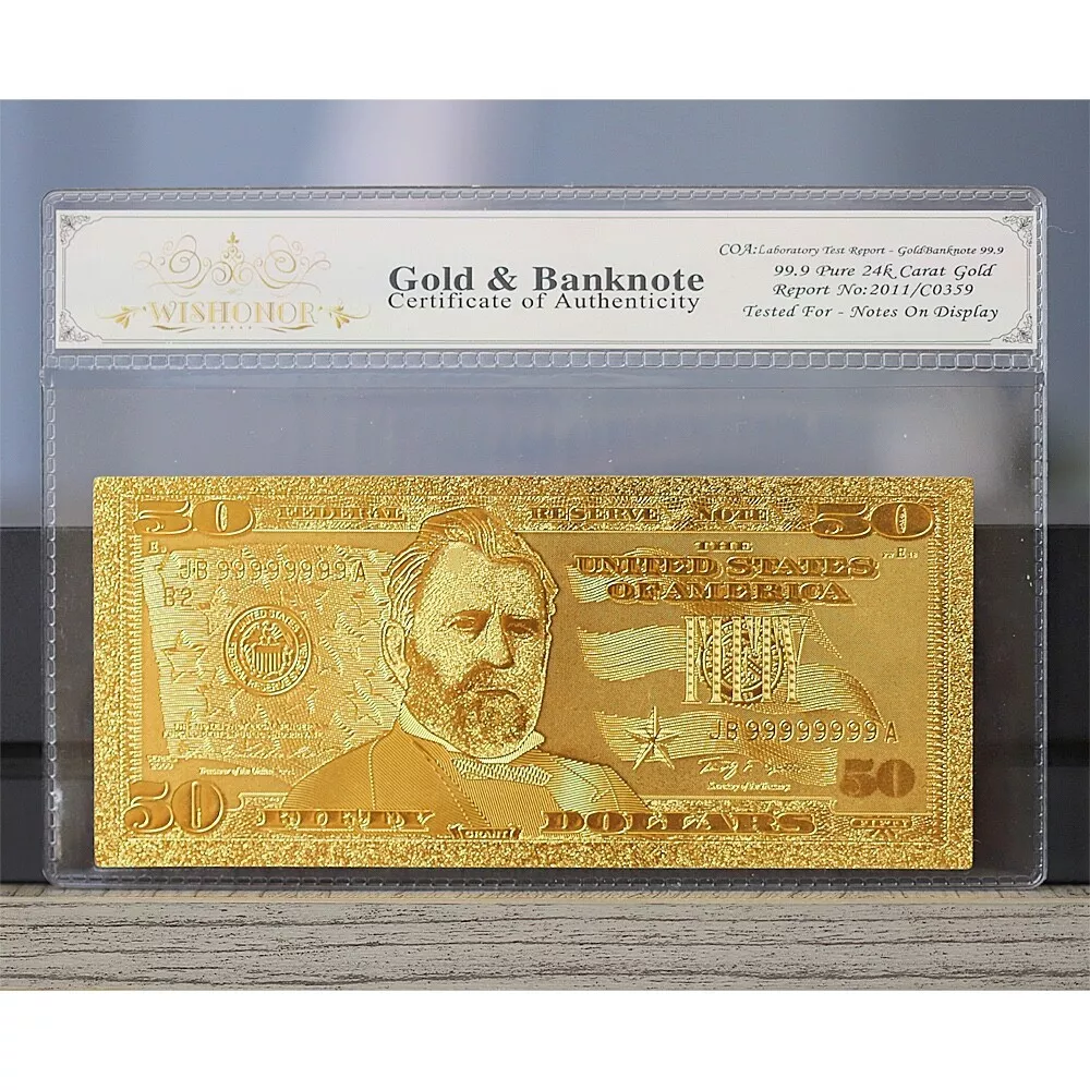 50 American Dollar Bill 24k Gold Art Collectibles Plated Fake Banknote  Currency for Decoration