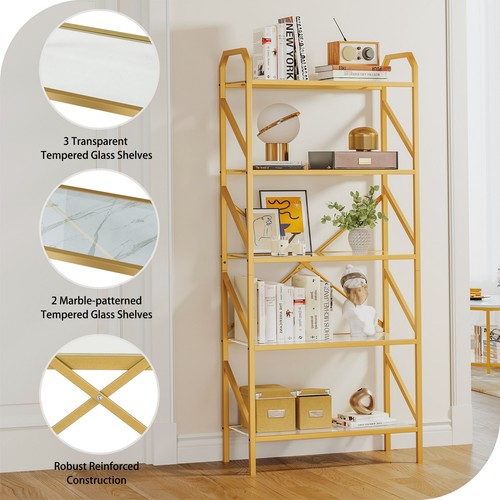5 Shelf Gold Bookcase Bookshelf with Tempered Glass Shelves Storage Display Rack - Picture 4 of 10
