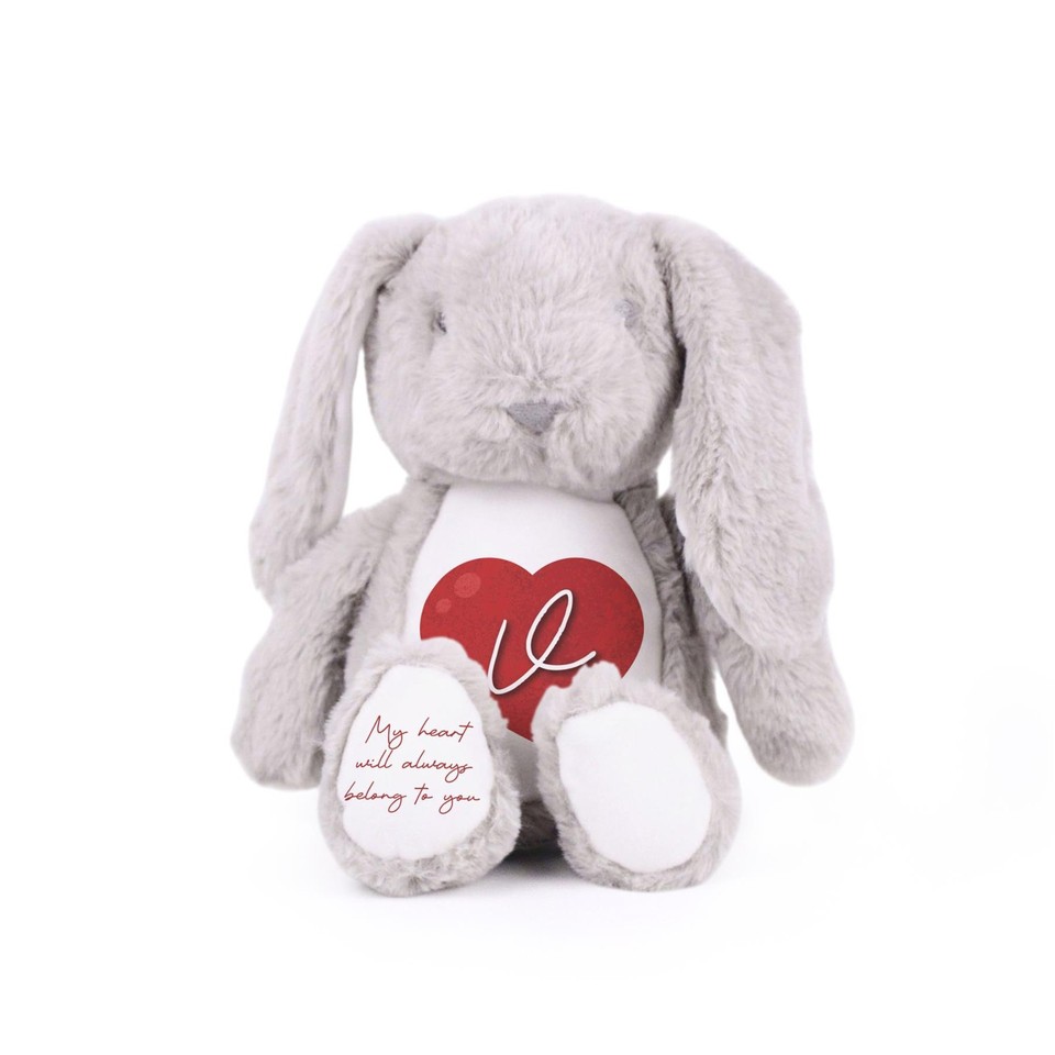 Valentine's Heart Letter V Plush Grey Bunny - Printed Belly Teddy Gift ...