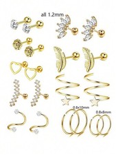 Set 9: 20pcs 1.2mm Gold Tone Stud Earrings With Hearts Roses Feathers Stars