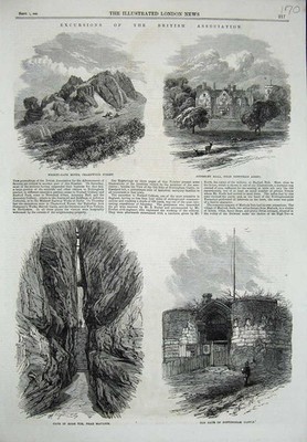 Original Old Antique Print 1866 Cave Matlock Nottingham Castle Charnwood Abbey