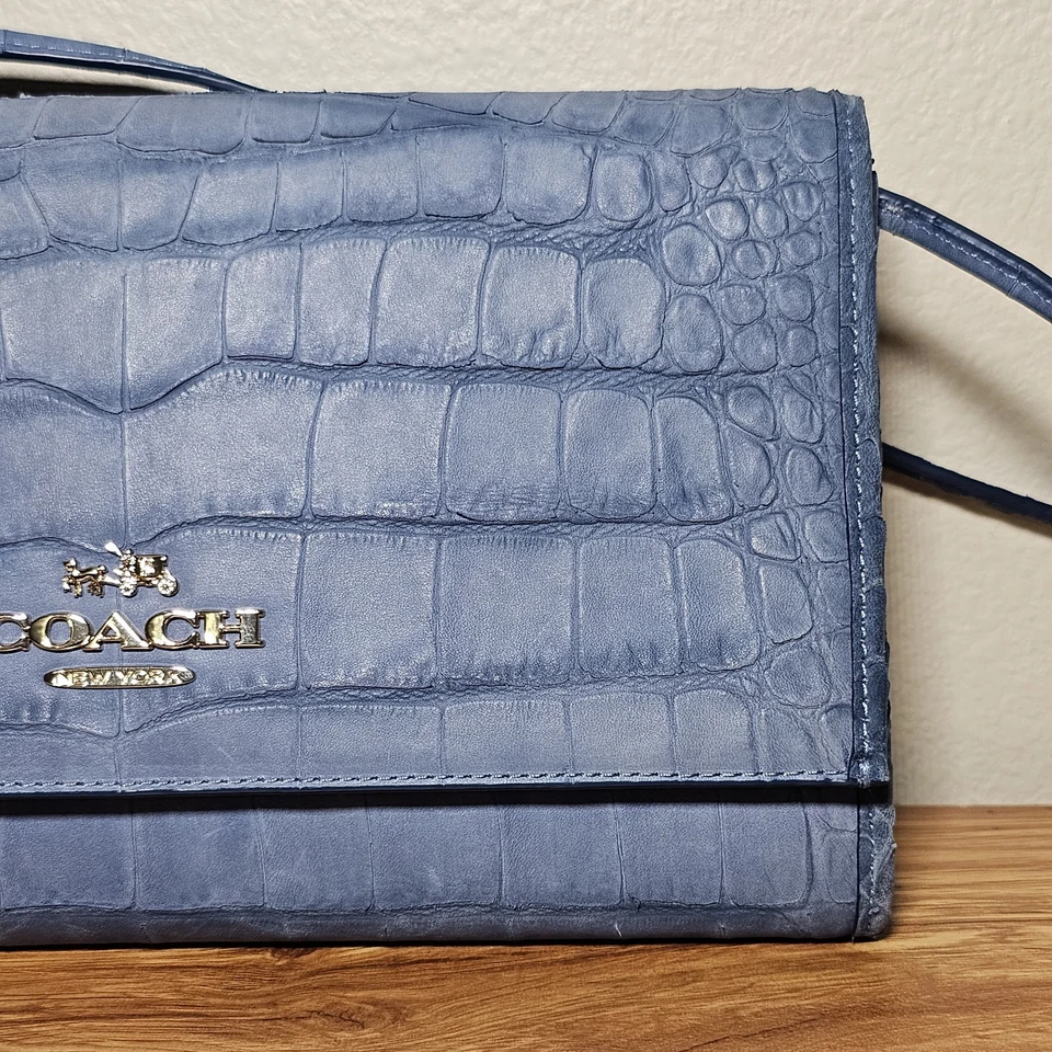 COACH Clutch Purse Blue Denim Leather Crocodile Embossed limited Edition 2015 - Image 3 of 4