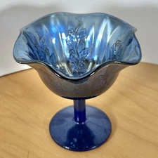 Vintage Carnival Art Glass Iridescent Blue Berry/Holly Sprig Candy Compote Dish