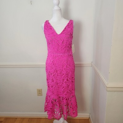New Alexia Admor Dress Size 2 Womens Hot Pink Floral Midi Peplum Crochet Lace 