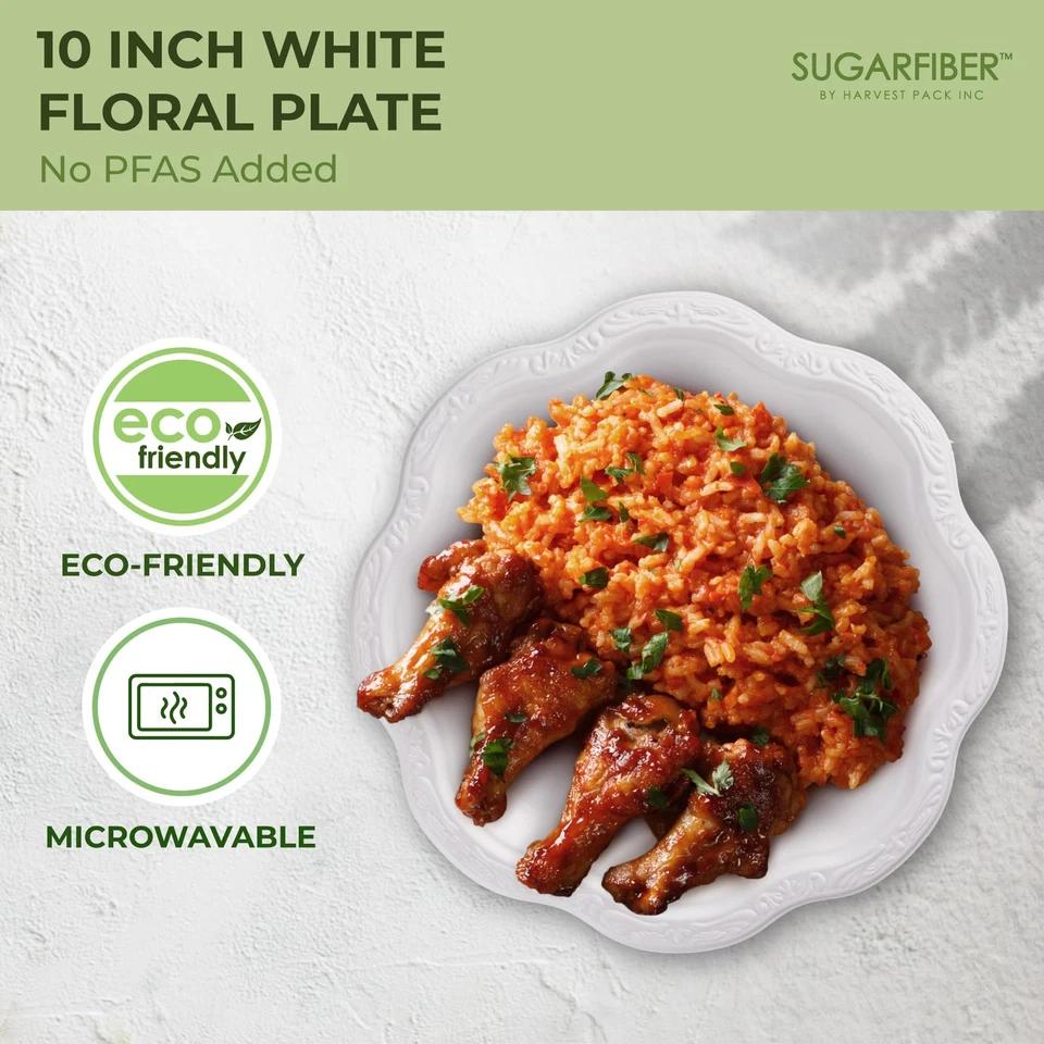 Platos de papel desechables compostables de fibra de azúcar de 10 pulgadas, blanco floral acanto... Foto 4 de 4