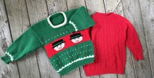 2 vintage CHRISTMAS Sweaters Hand-knit Child  s Snowmen, RED Cable knit 28  Chest