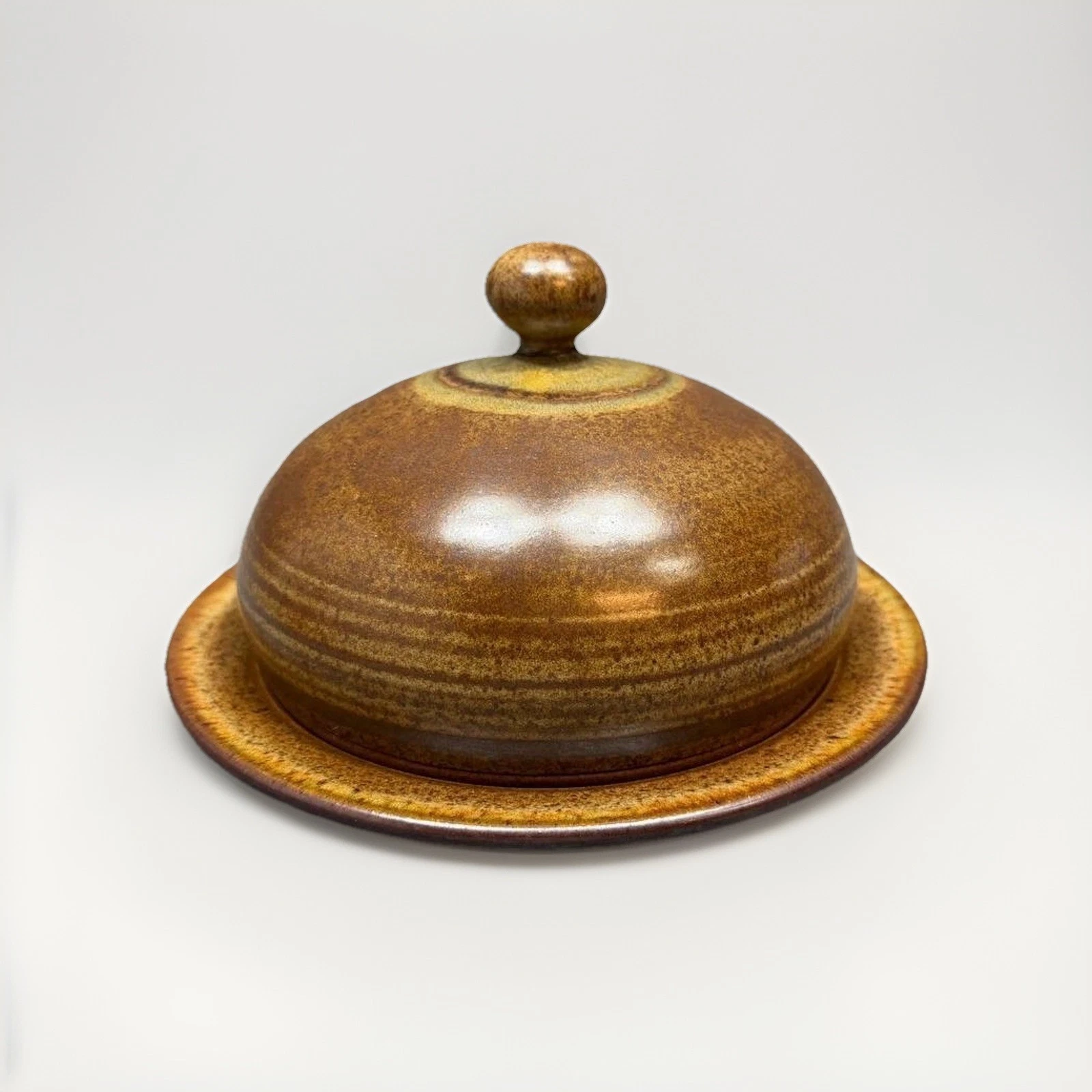 Handmade Pottery Butter Dish Brown Glaze Studio Signed Pre-Owned