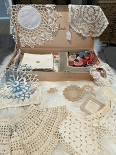 Box Vintage Doilies, Hankies, Embroidered, French Table Cloth, Scarf- Assorted