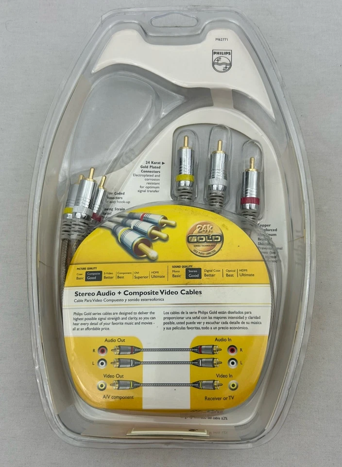 PHILIPS 6ft Stereo Audio Composite Video Cables 24k Gold 6' A/V RCA DVD TV NEW - Image 2 of 4