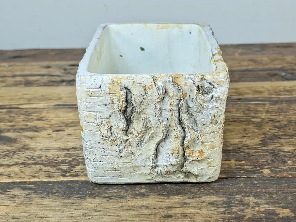Birch Bark Texture Cement Planter – Rustic White Rectangular Pot 8.5" - Image 3 of 4