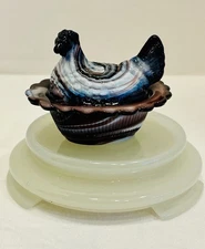 Vintage Mosser Glass Miniature Hen On Nest - Purple White Slag Glass Chicken