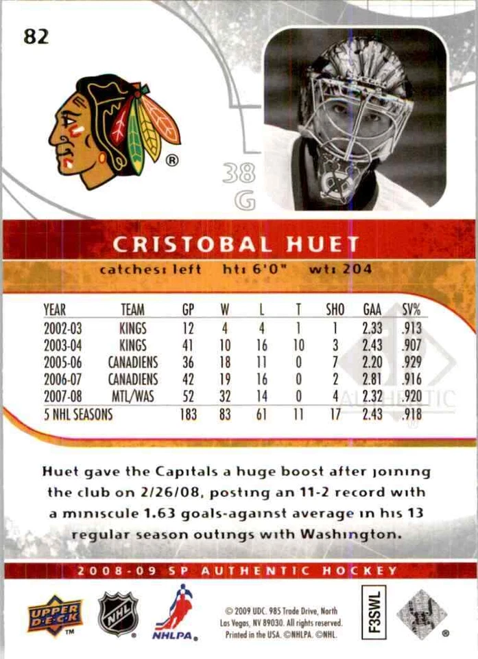 2008-09 Upper Deck SP Authentic Cristobal Huet #82 - Image 2 of 2