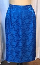 Vintage Handmade Brilliant Blue Rose Satin Midi Skirt Sz M pre-owned