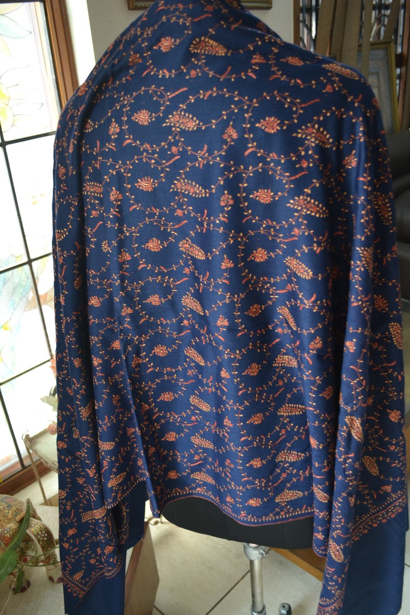 Dark blue MICRO JAAL KASHMIRI EMBROIDERY SHAWL ~ 100