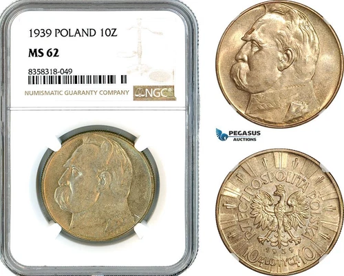 AK489, Poland, 10 Zlotych 1939, Jozef Pilsudski, Silver, NGC MS62