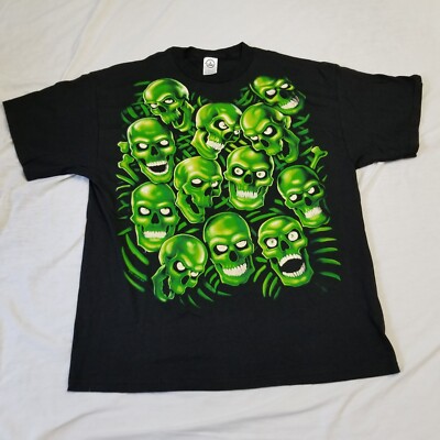 Vintage Liquid Blue Skull Pile T Shirt Mens XL Green Black AOP