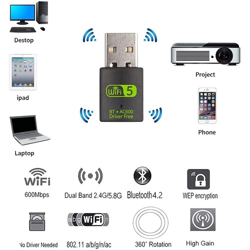 RUIZHI Clé WiFi USB 600 Mbps Adaptateurs Bluetooth 42 Dongle 24 GHz/58 GHz Ca... - Photo 5/8