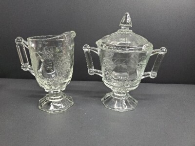 Vintage Jeanette Glass Baltimore Embossed Pear Creamer & Covered Sugar Bowl