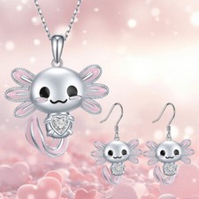 Cute Cartoon Pink Axolotl Necklace Earrings Set For Teen Valentine's Day Gift