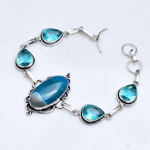 Botswana Agate Blue Topaz Gemstone Handmade Bracelet Jewelry 20 Gms AB 65055