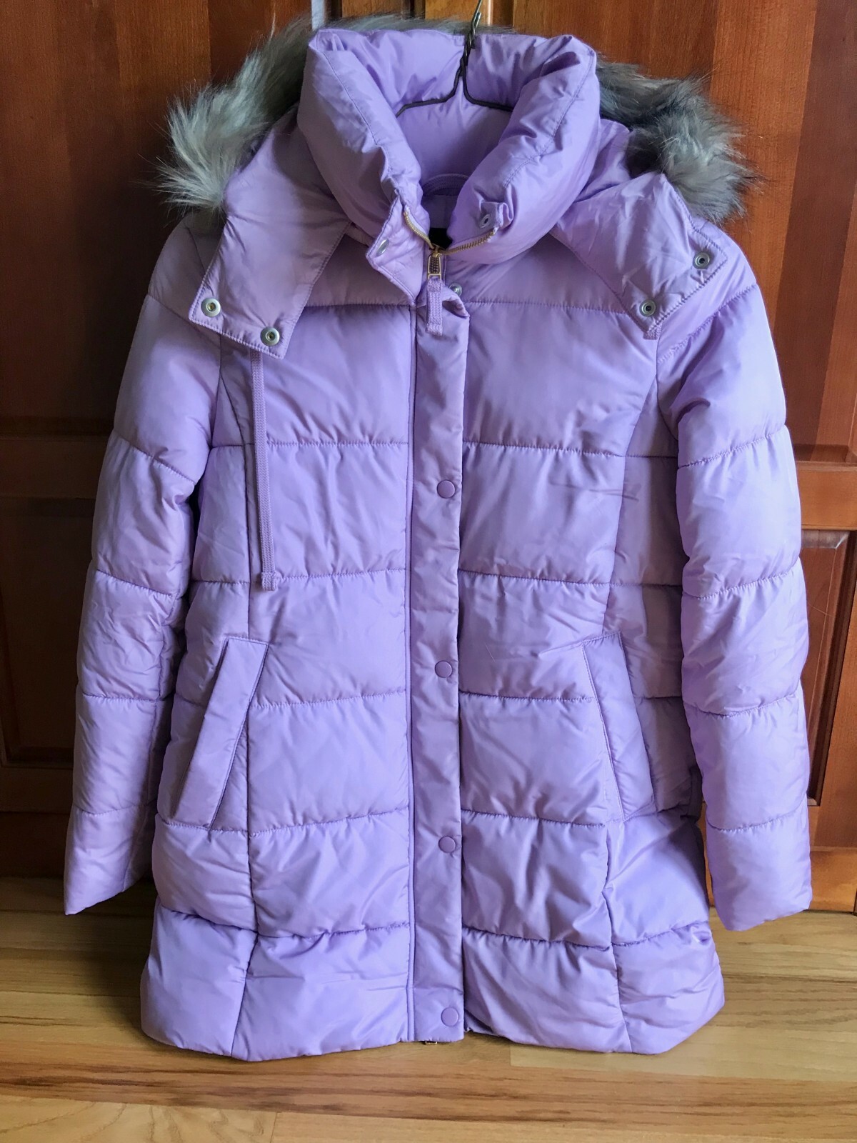 TALBOTS Down Alternative Puffer Hooded Coat with Faux Fur Pale Lilac XS
