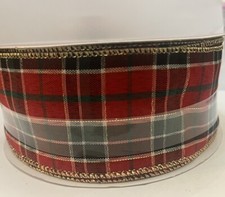 2 1/2 x 80 Ft Wired Edge Ribbon . Red Green Plaid With Gold Edge. Christmas.