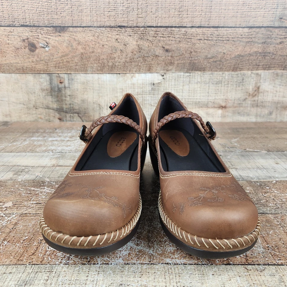 Ecco Sussex Floral Women Size 6/6.5 EU 37 Brown Leather Clogs Mary Jane Braid - Image 2 of 4