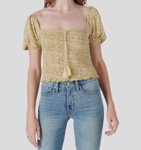 Lucky Brand Women's Smocked Neck Flutter Sleeve Top | Soft Viscose Flowy Blouse